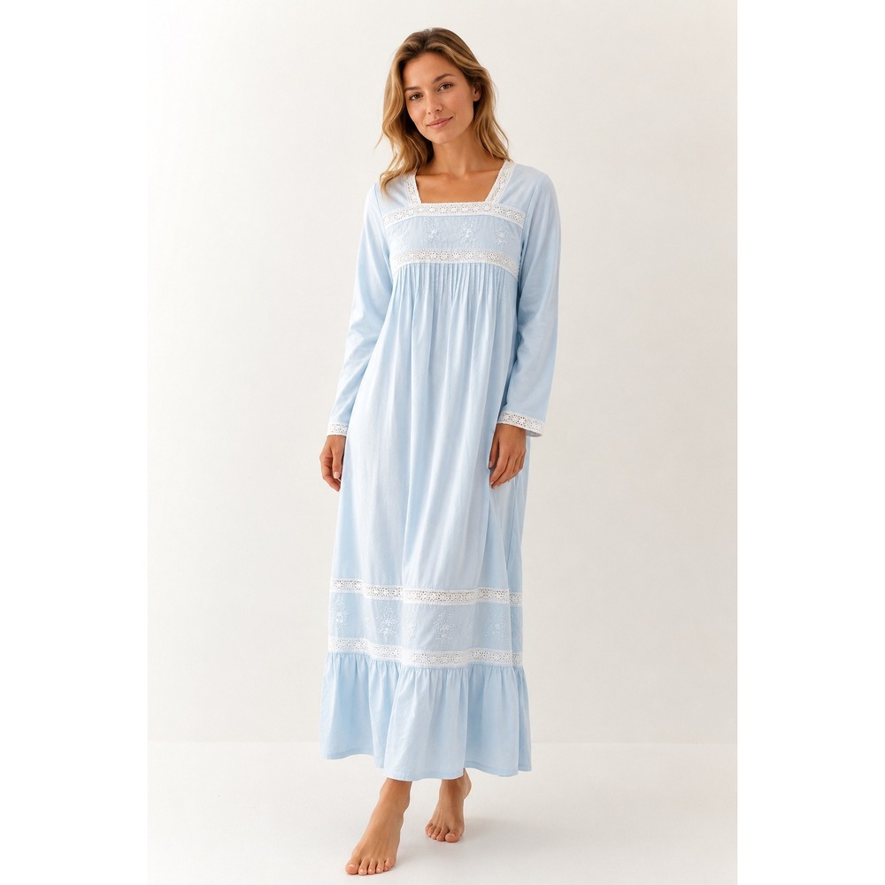 The 1 for U Blue Cotton Victorian Nightgown Eyelet Lace Floral Embroidery Large